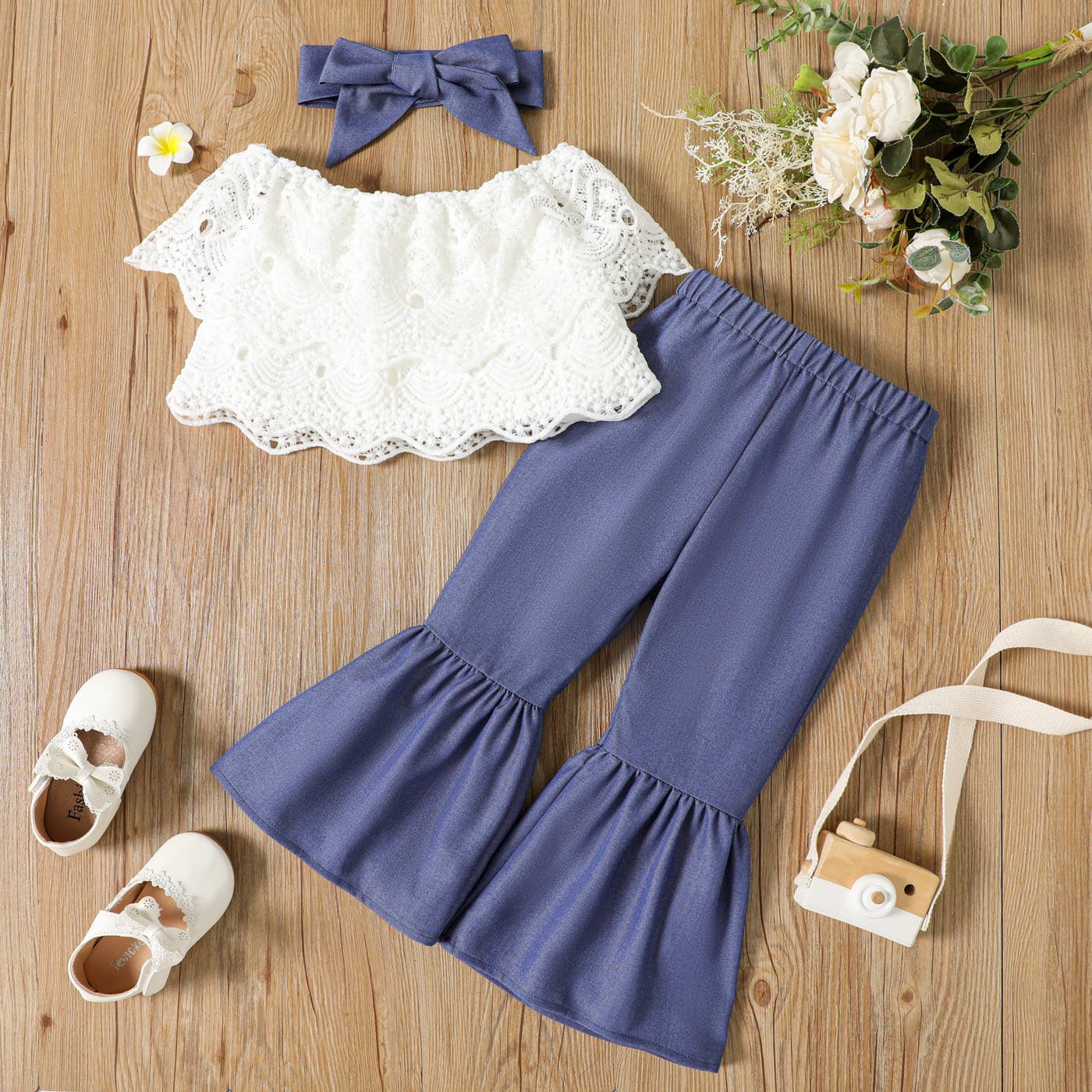 3Pcs Toddler Girl Bow Headband & Top and Flare Leg Pants Set