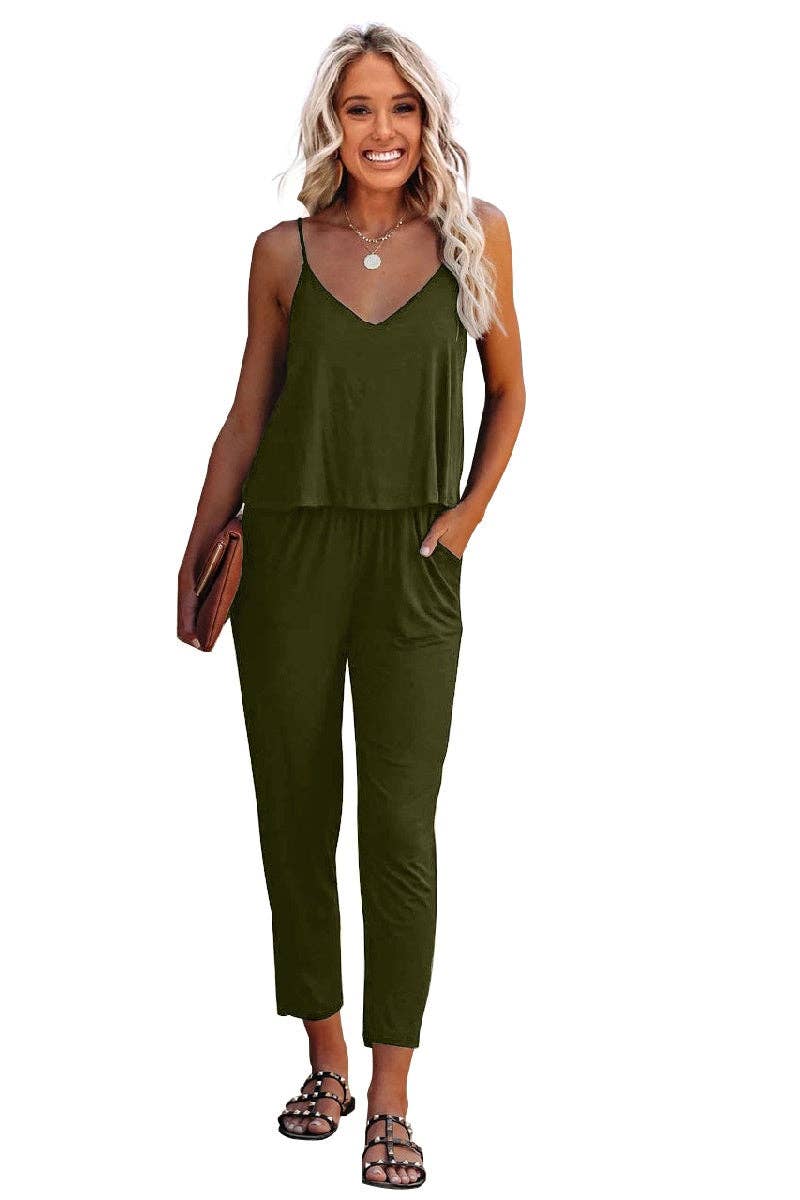 Sleeveless Solid Pocket Side Cami Jumpsuit