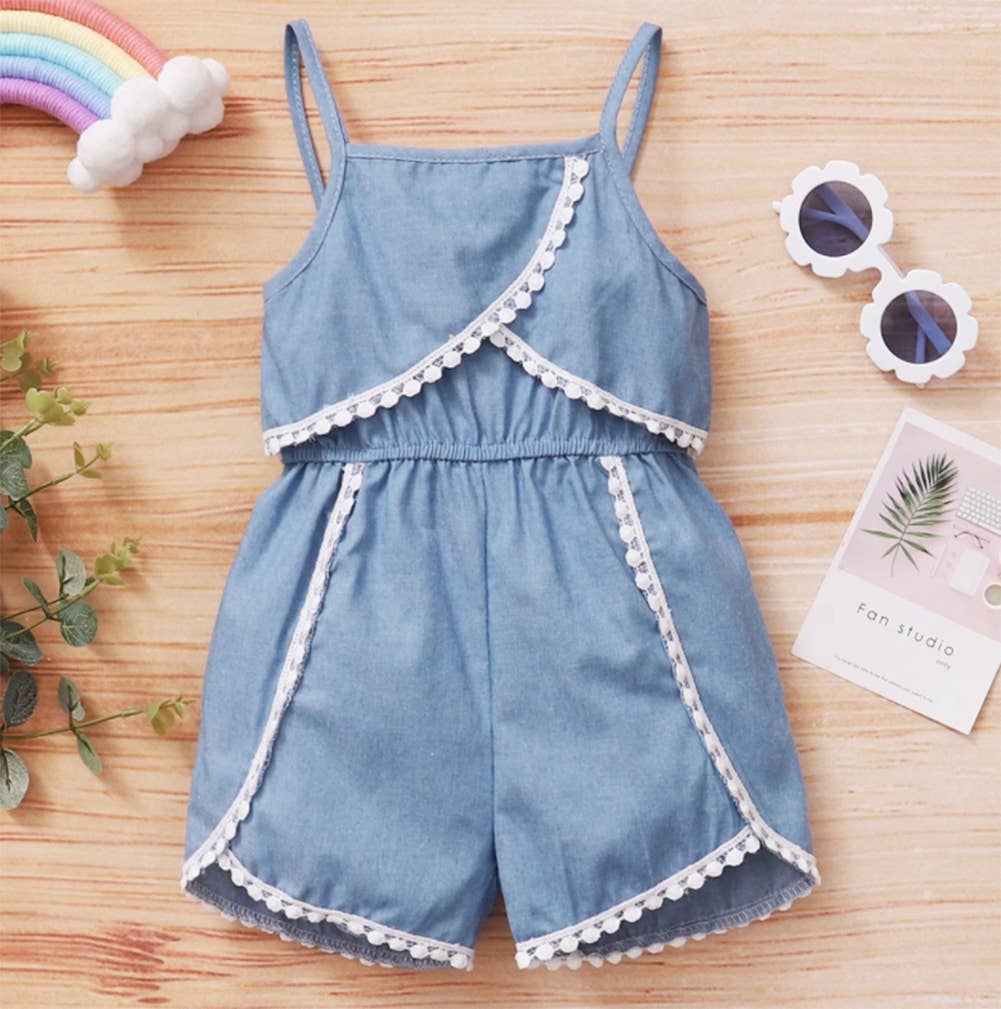 Blue Demin White Lace Cotton Baby Romper
