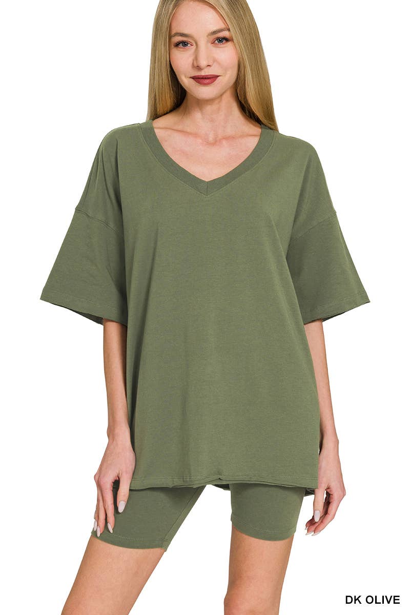 Cotton V-neck Top and Biker Shorts Set