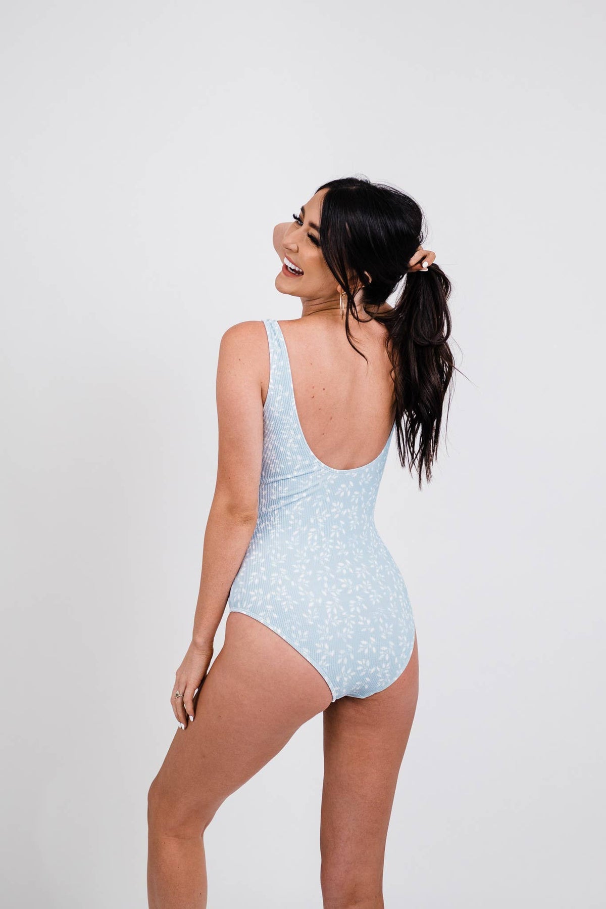 Powder Blue Leaf Print Backless One Piece