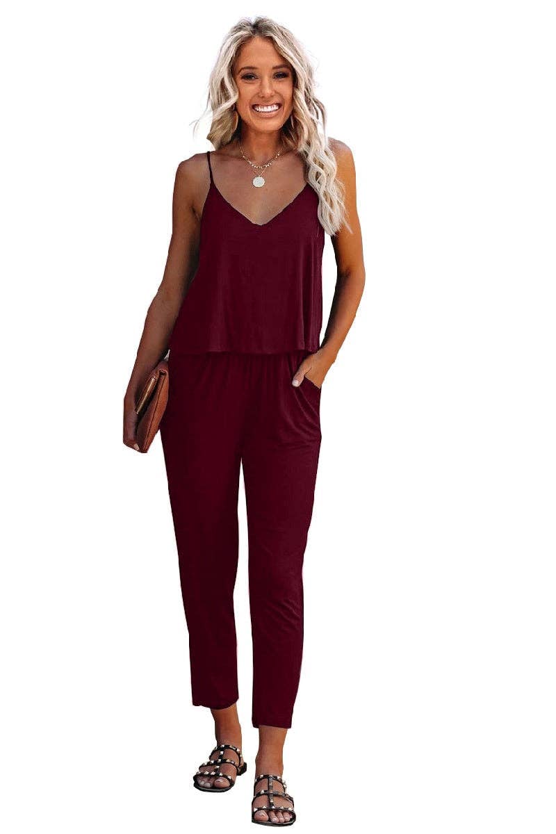 Sleeveless Solid Pocket Side Cami Jumpsuit
