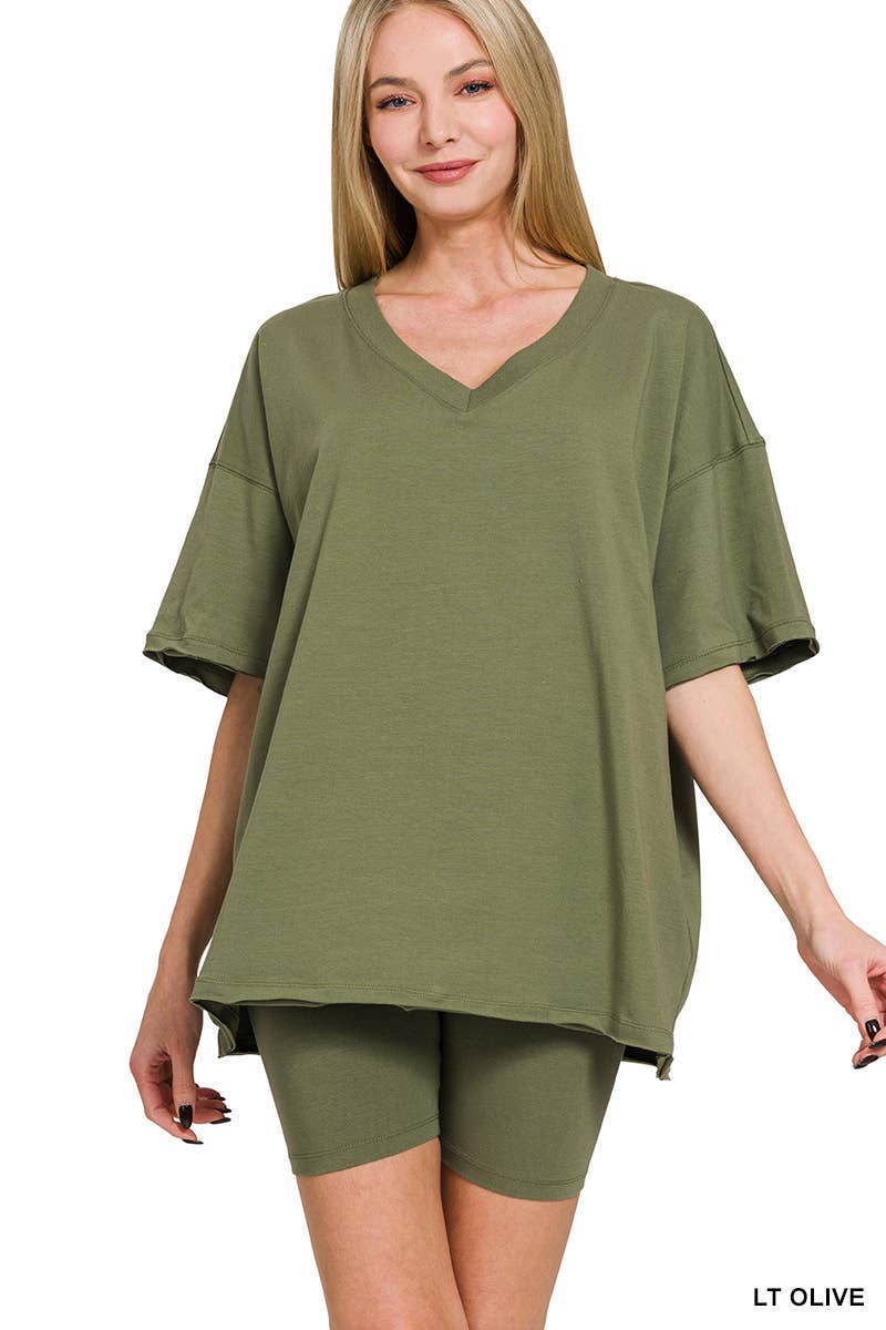 Cotton V-neck Top and Biker Shorts Set