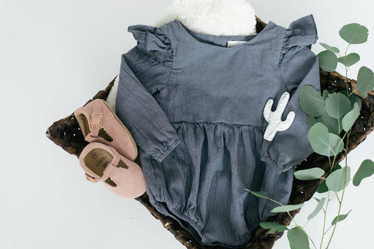 Navy Flutter Sleeve Linen Baby Romper