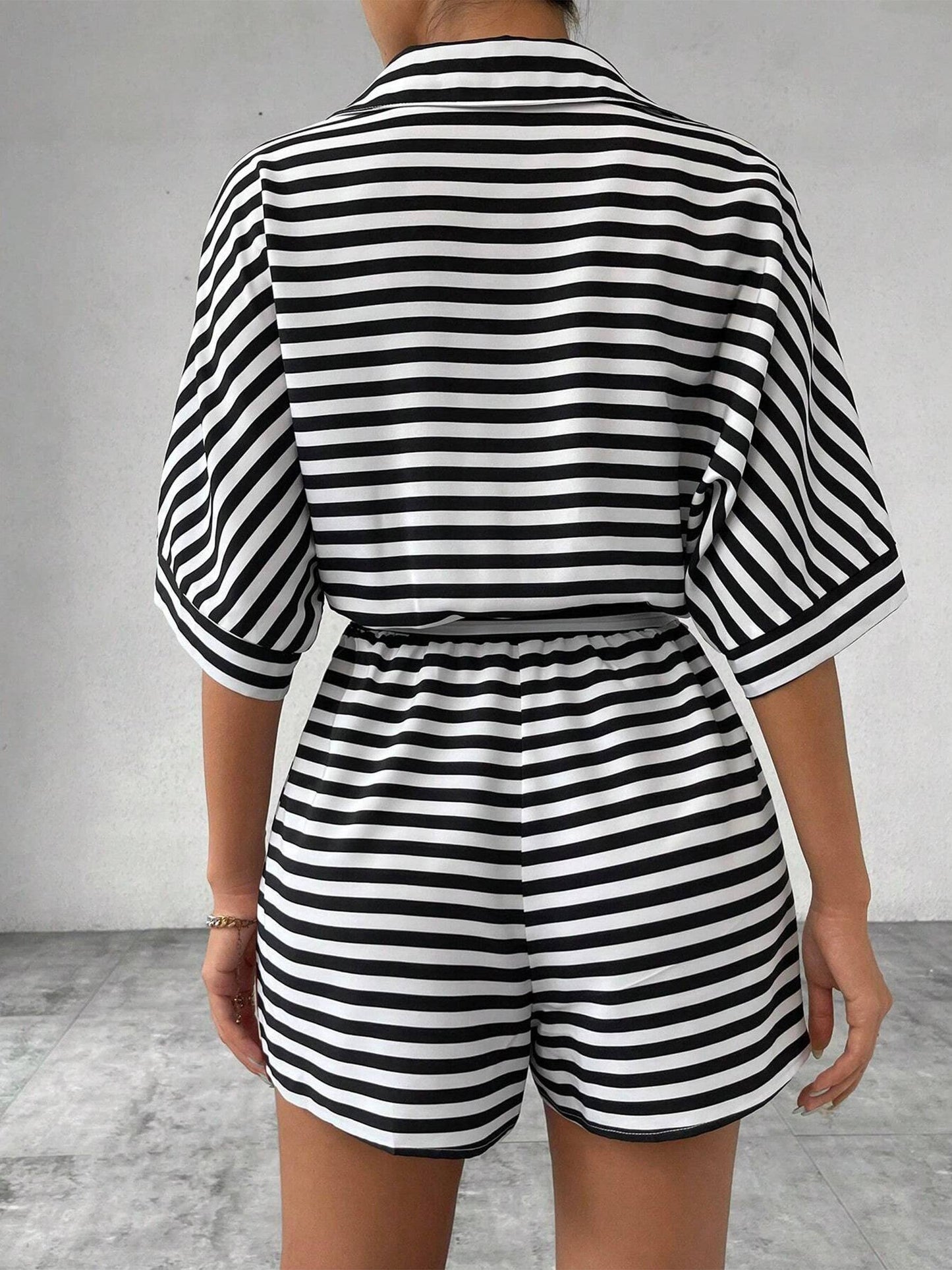 Striped Lapel Button Waistband Shorts Jumpsuit