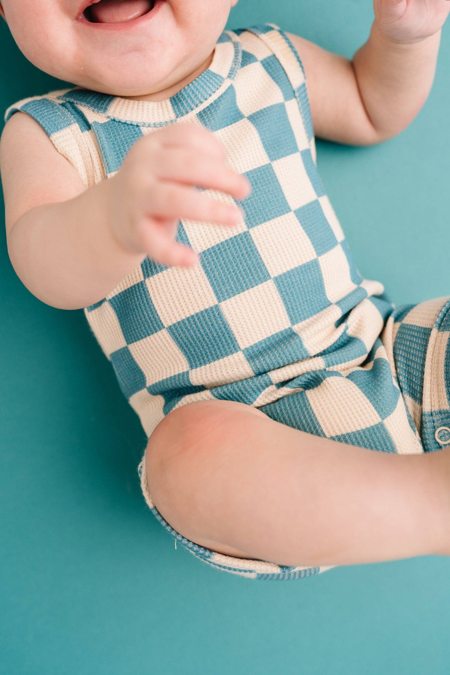 Blue Checkered Waffle Bamboo Tank Romper