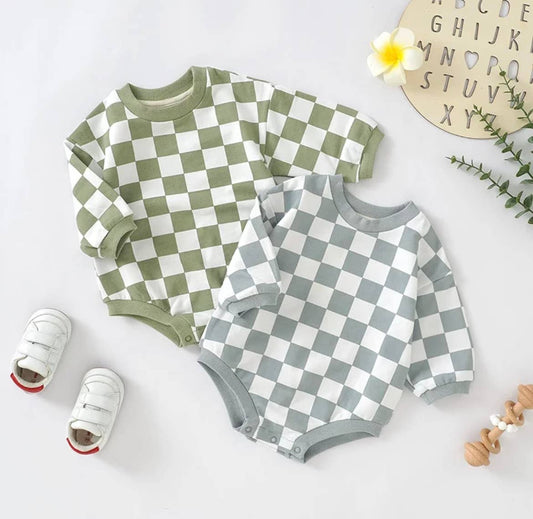 Checkerboard Bubble Sweater Romper - French Terry