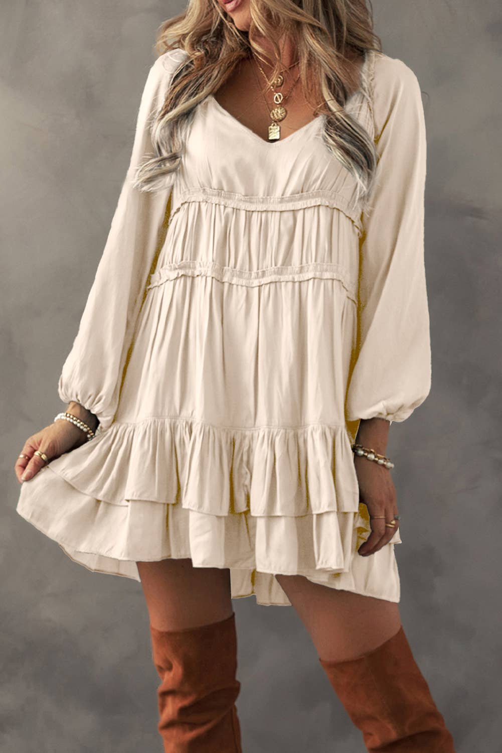 LDC Tiered Ruffled Puff Sleeve Loose Fit Mini Dress