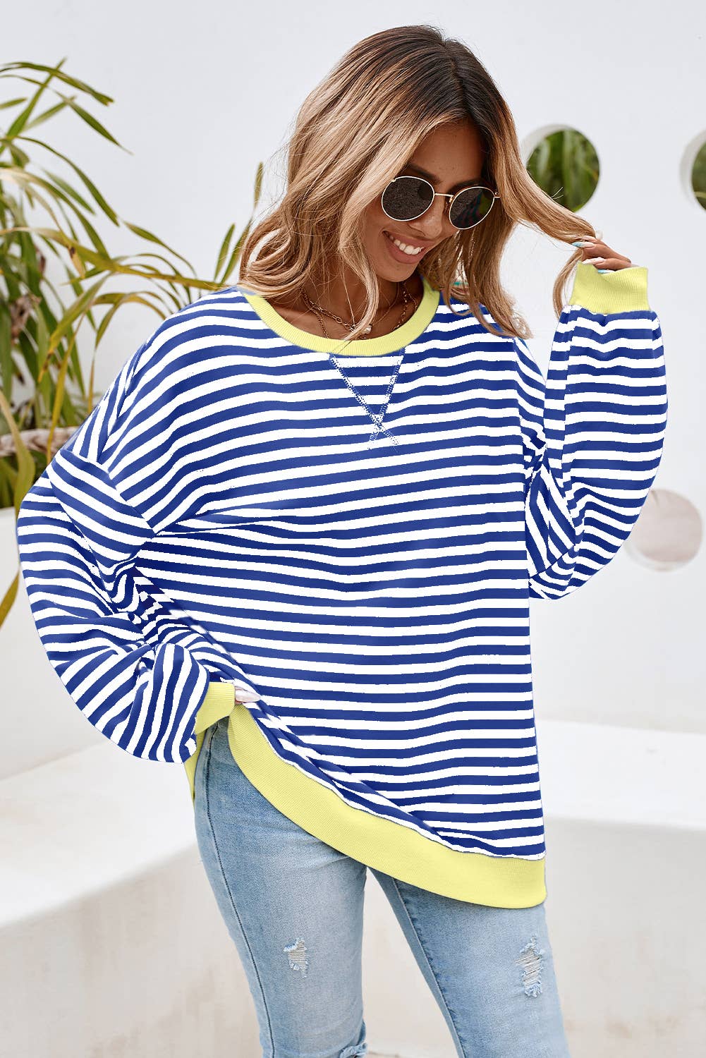 LDC Stripe Contrast Trim Oversized Pullover Sweatshirt