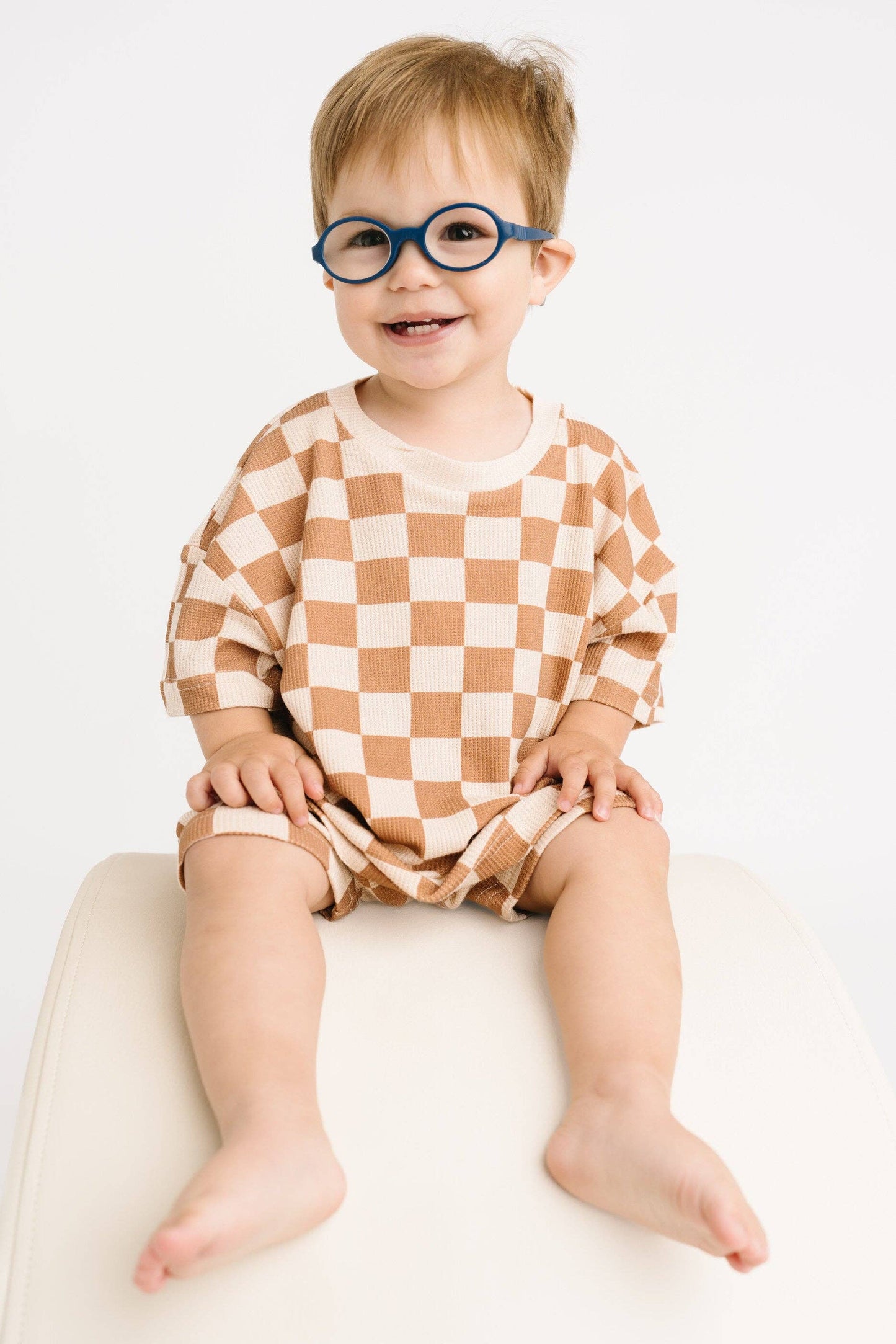 Beige Checkered Waffle Bamboo Shorts Set