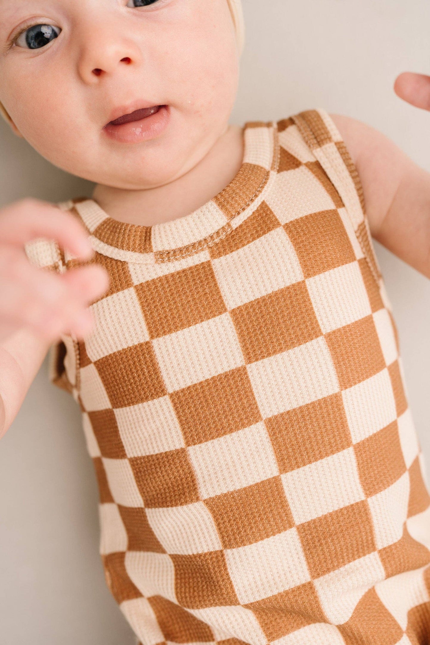 Beige Checkered Waffle Bamboo Tank Romper