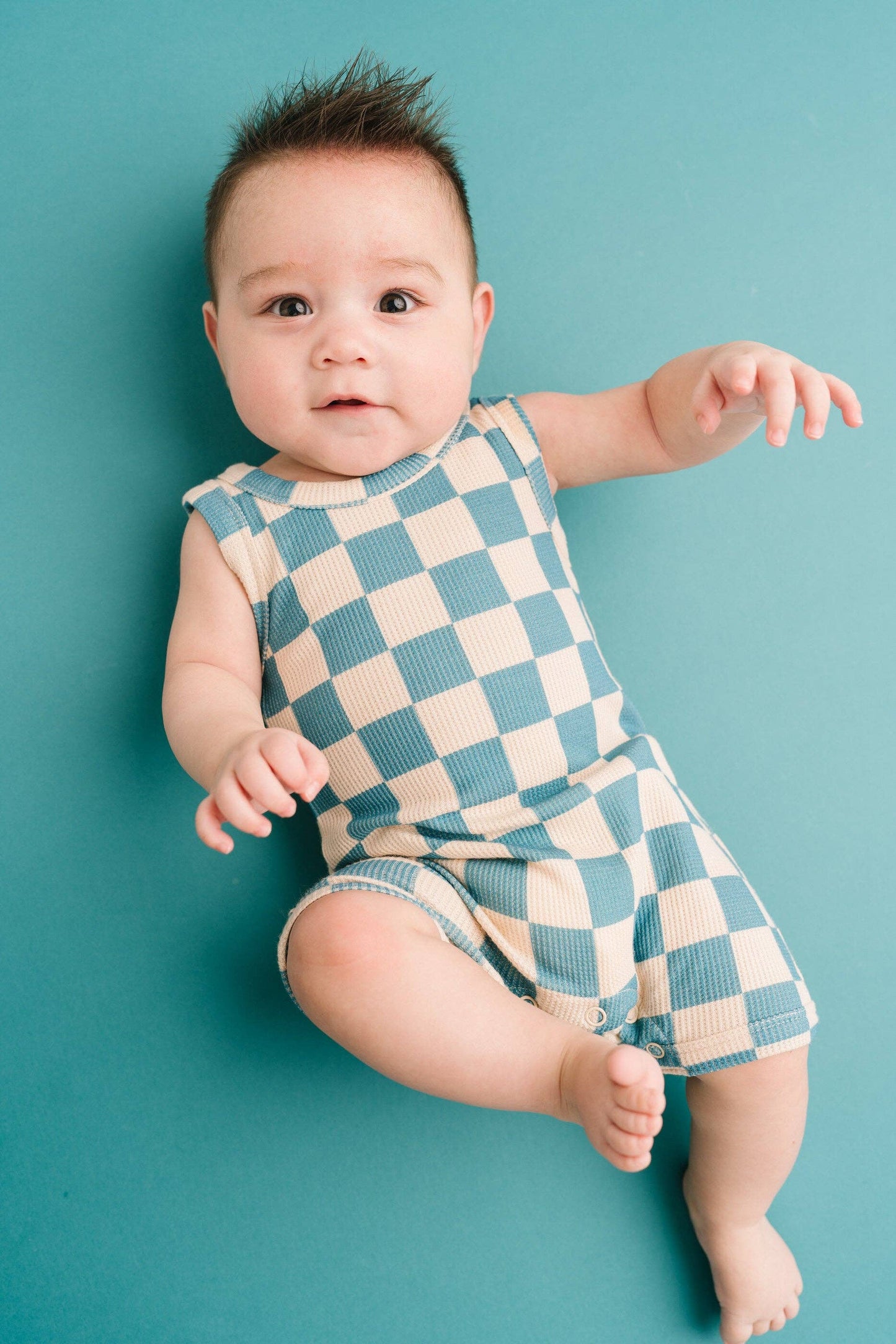 Blue Checkered Waffle Bamboo Tank Romper