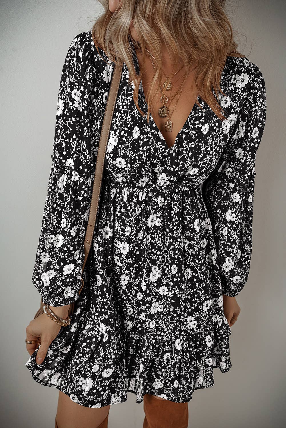 LDC Boho Floral Ruffled Puff Sleeve V Neck Mini Dress