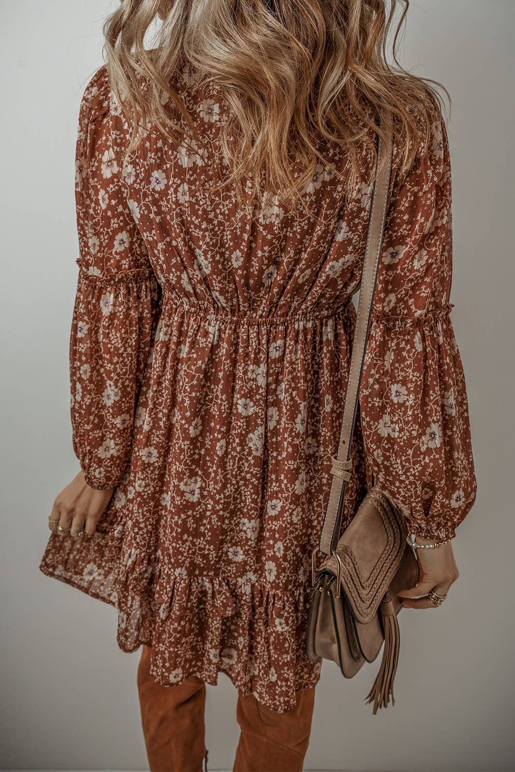 LDC Boho Floral Ruffled Puff Sleeve V Neck Mini Dress