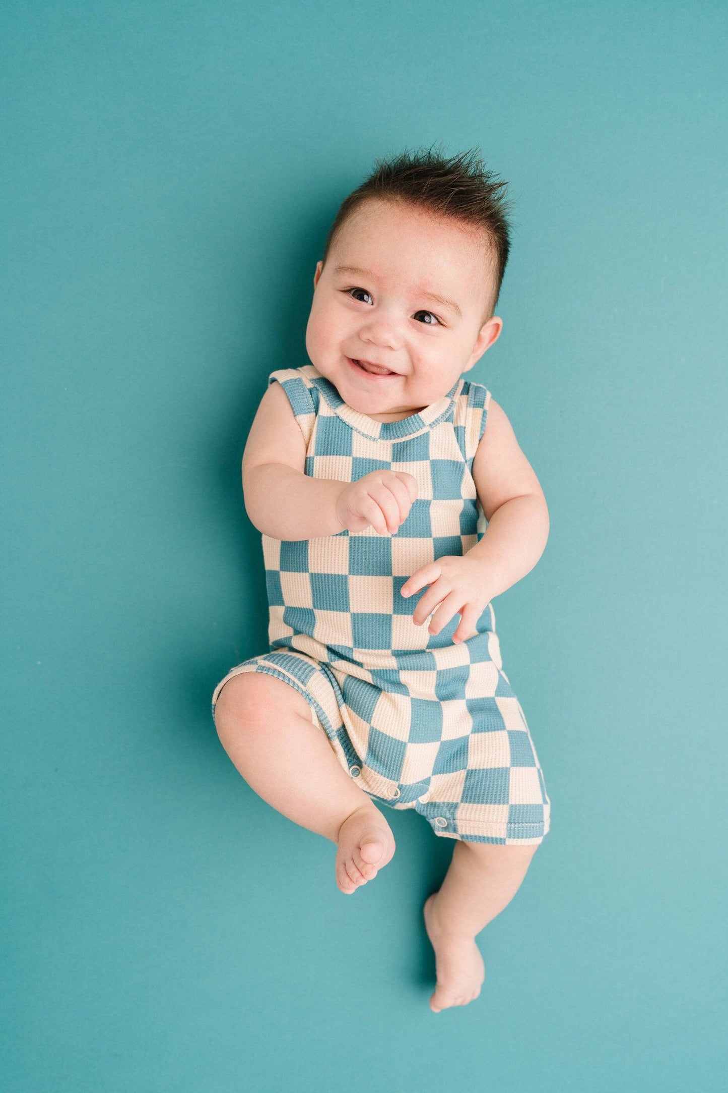 Blue Checkered Waffle Bamboo Tank Romper