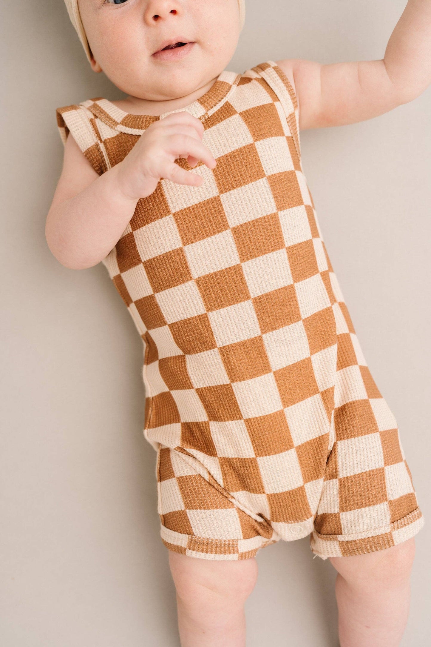 Beige Checkered Waffle Bamboo Tank Romper