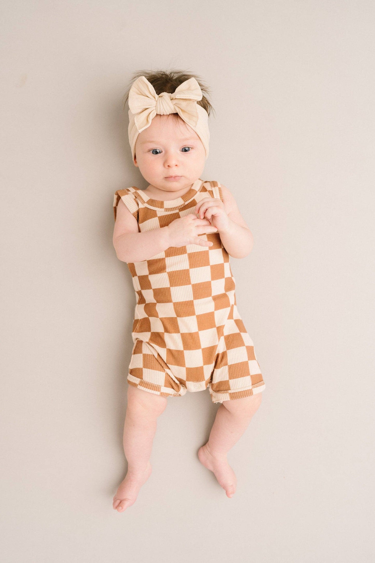 Beige Checkered Waffle Bamboo Tank Romper