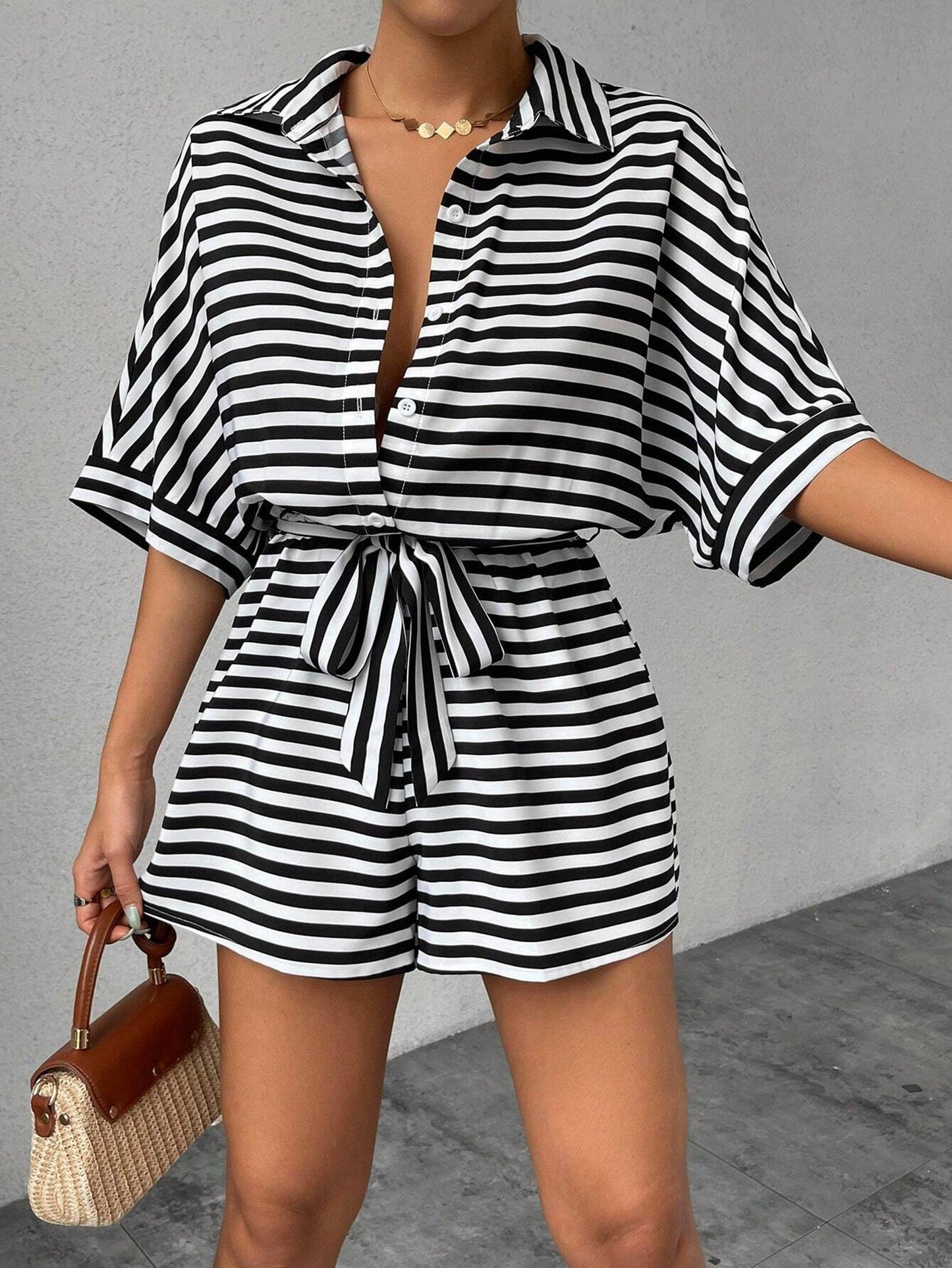 Striped Lapel Button Waistband Shorts Jumpsuit