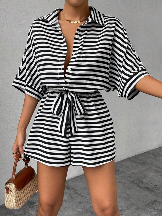 Striped Lapel Button Waistband Shorts Jumpsuit
