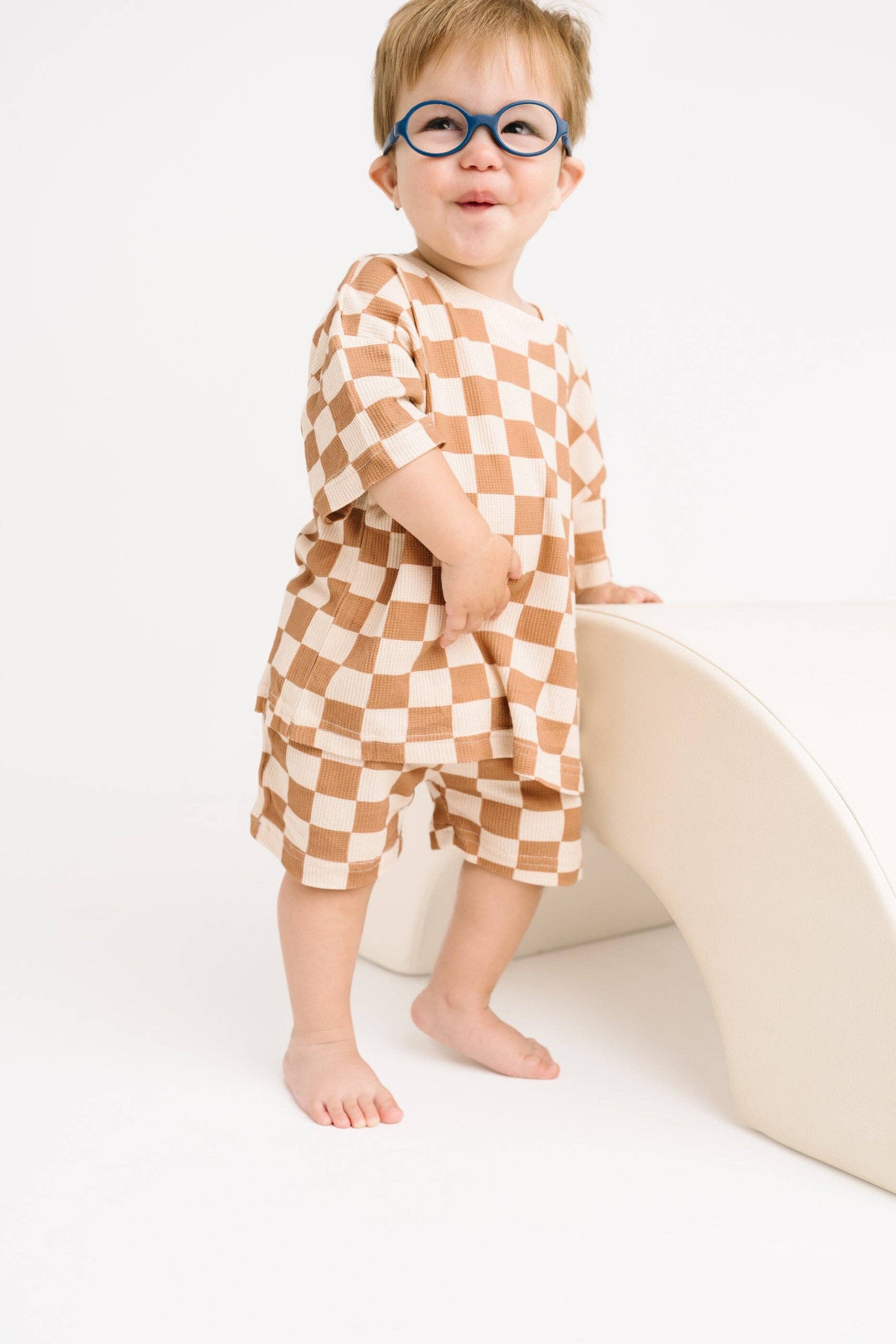 Beige Checkered Waffle Bamboo Shorts Set