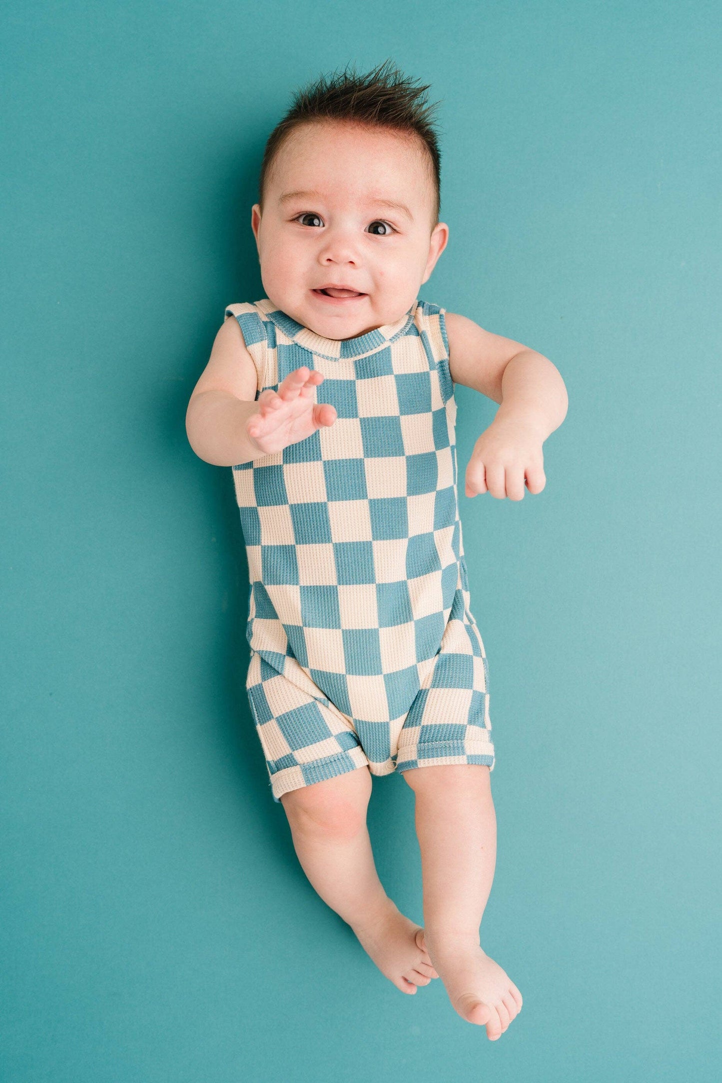 Blue Checkered Waffle Bamboo Tank Romper