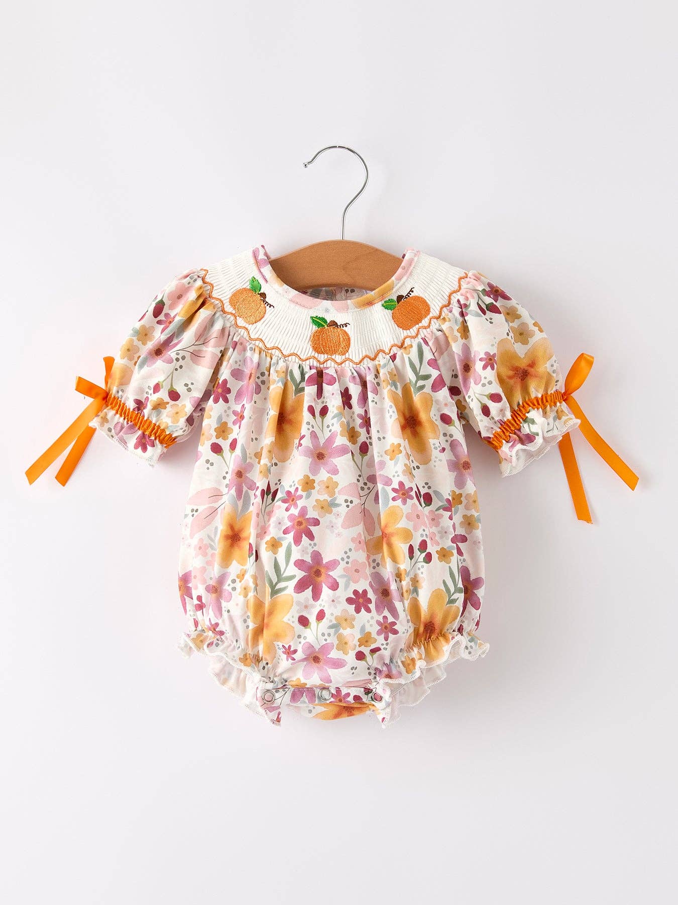 Halloween & Thanksgiving Pumpkin Embroidery Smock Floral Baby Girl Romper