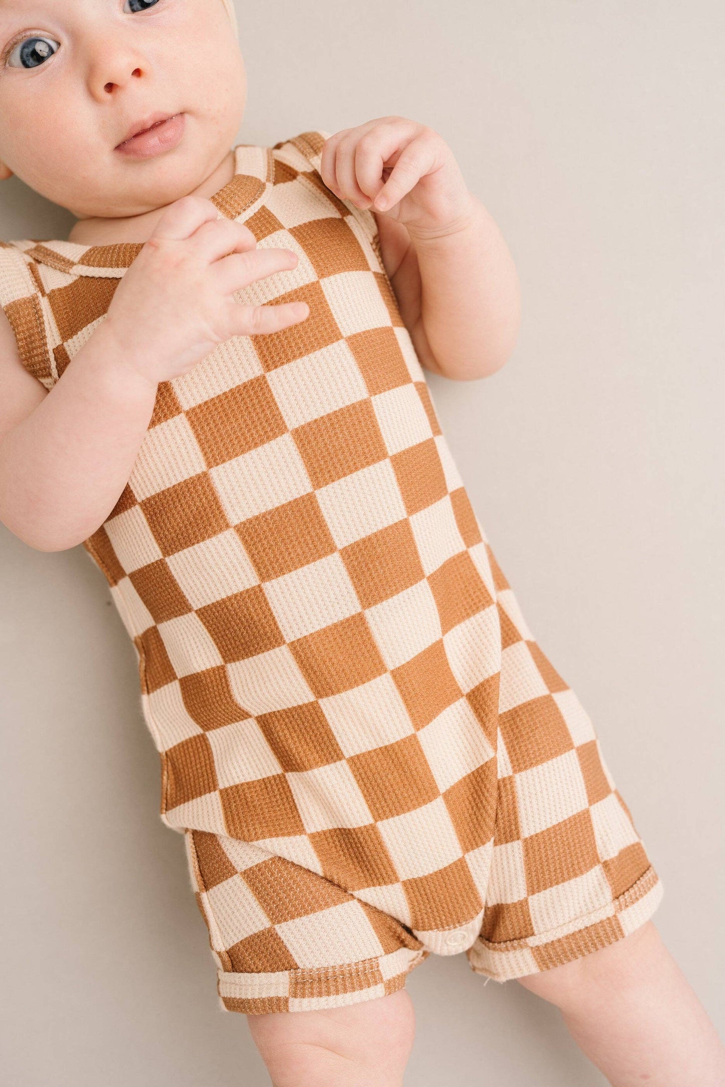 Beige Checkered Waffle Bamboo Tank Romper