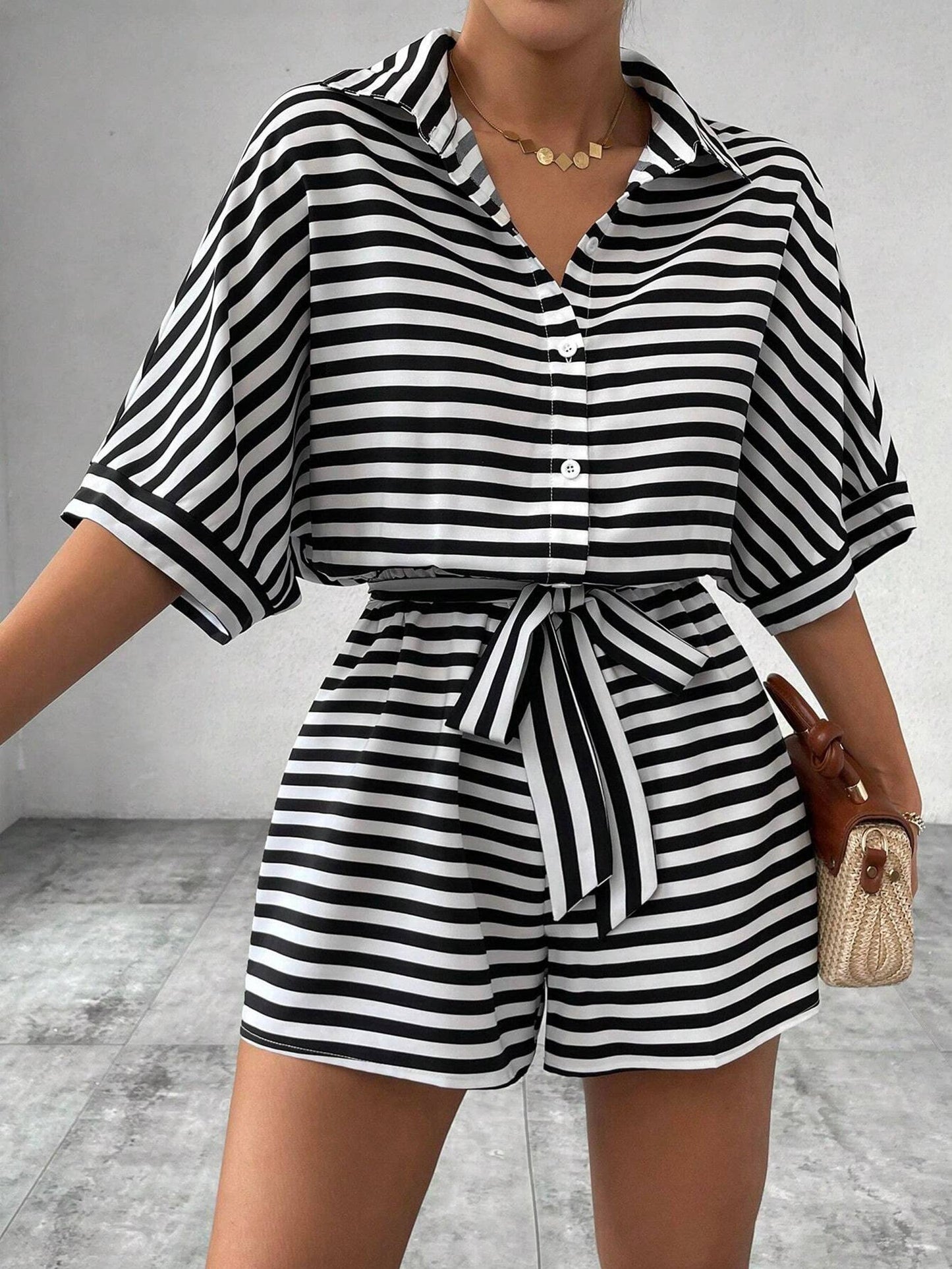 Striped Lapel Button Waistband Shorts Jumpsuit