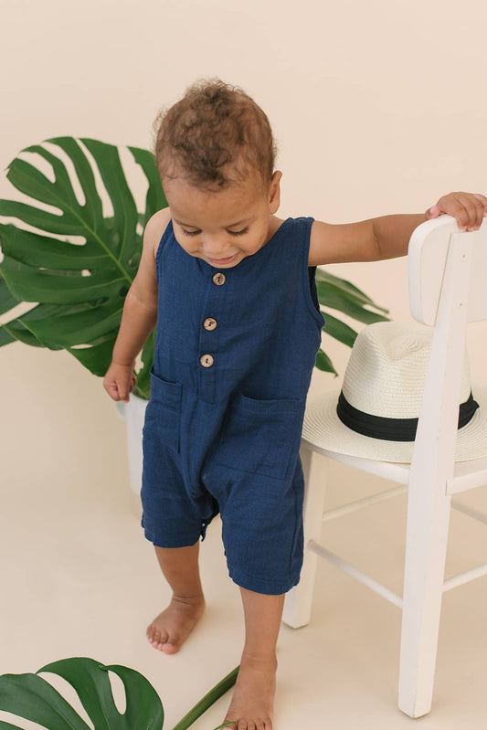 Navy Sleeveless Crop Linen Baby Romper