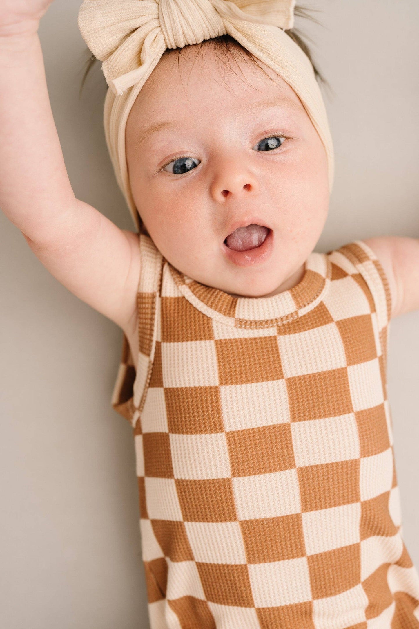 Beige Checkered Waffle Bamboo Tank Romper