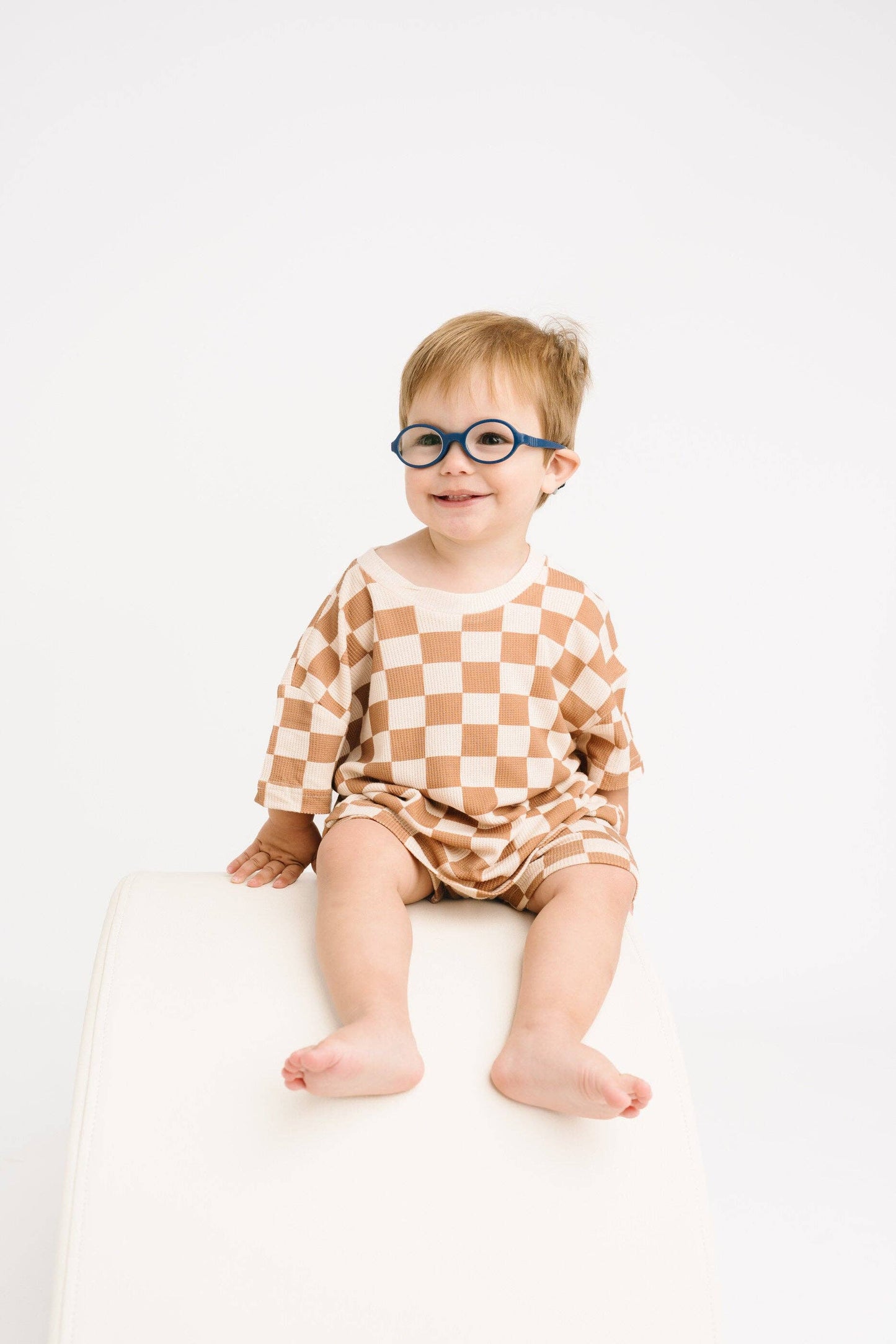 Beige Checkered Waffle Bamboo Shorts Set