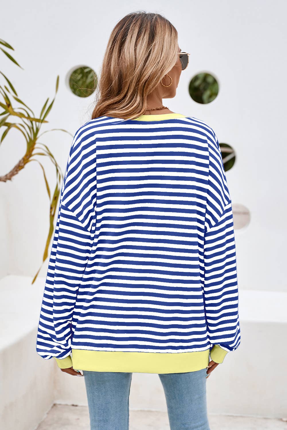 LDC Stripe Contrast Trim Oversized Pullover Sweatshirt