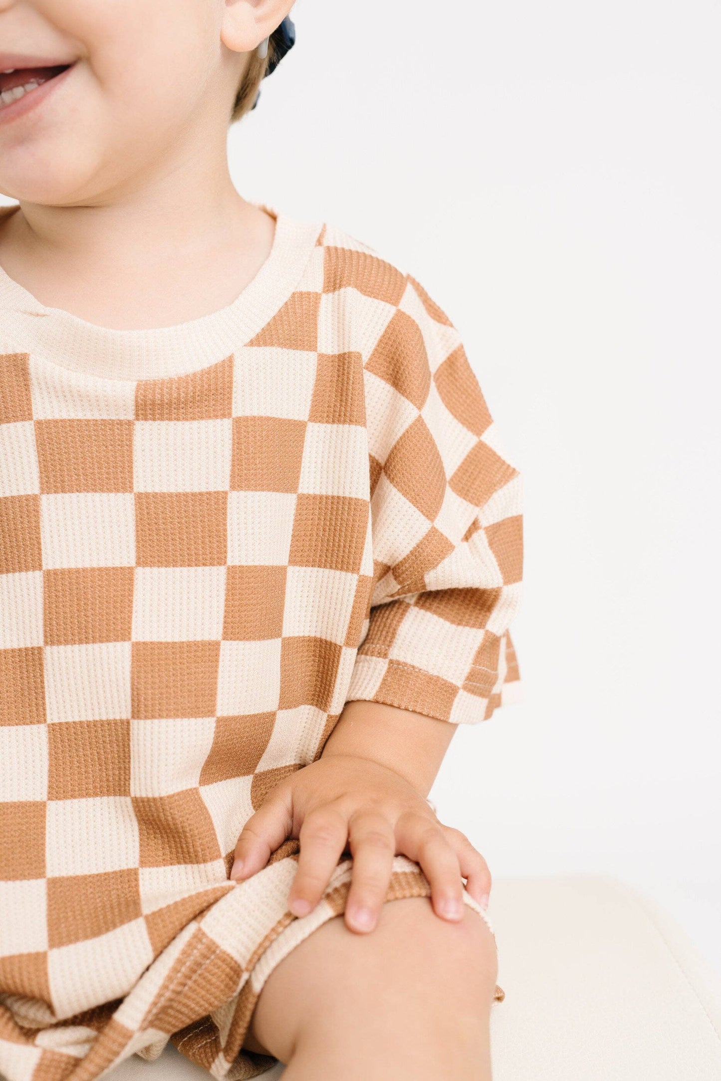 Beige Checkered Waffle Bamboo Shorts Set