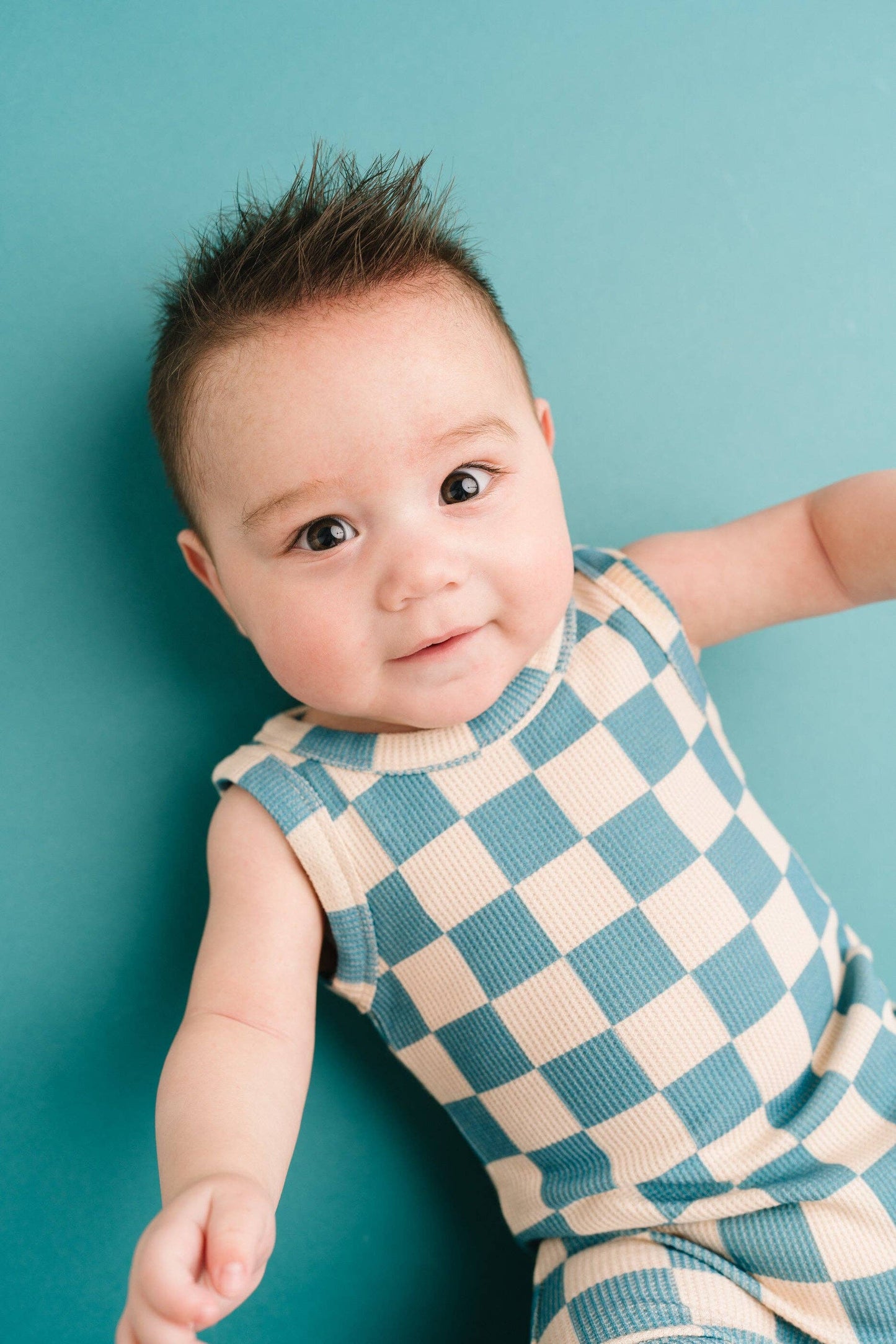 Blue Checkered Waffle Bamboo Tank Romper