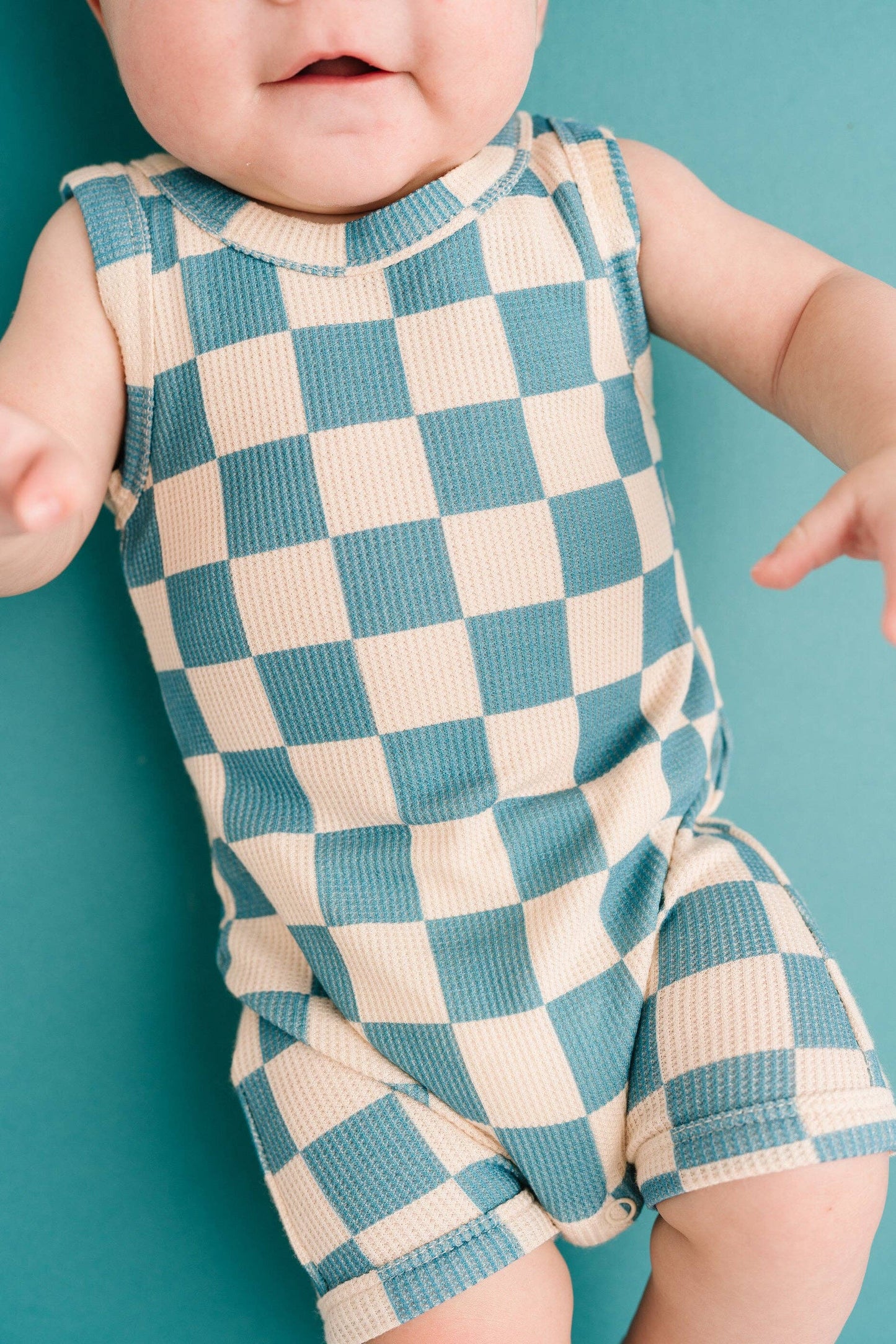 Blue Checkered Waffle Bamboo Tank Romper