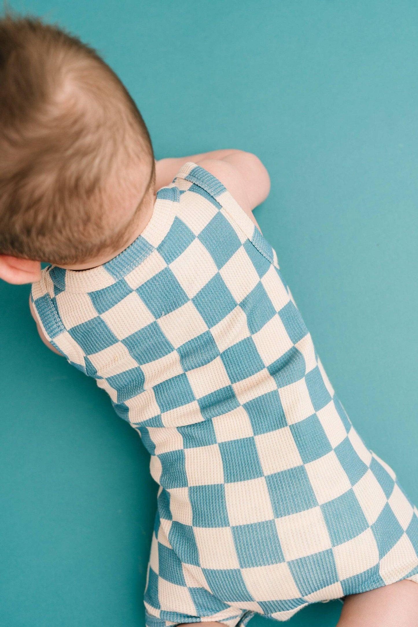 Blue Checkered Waffle Bamboo Tank Romper