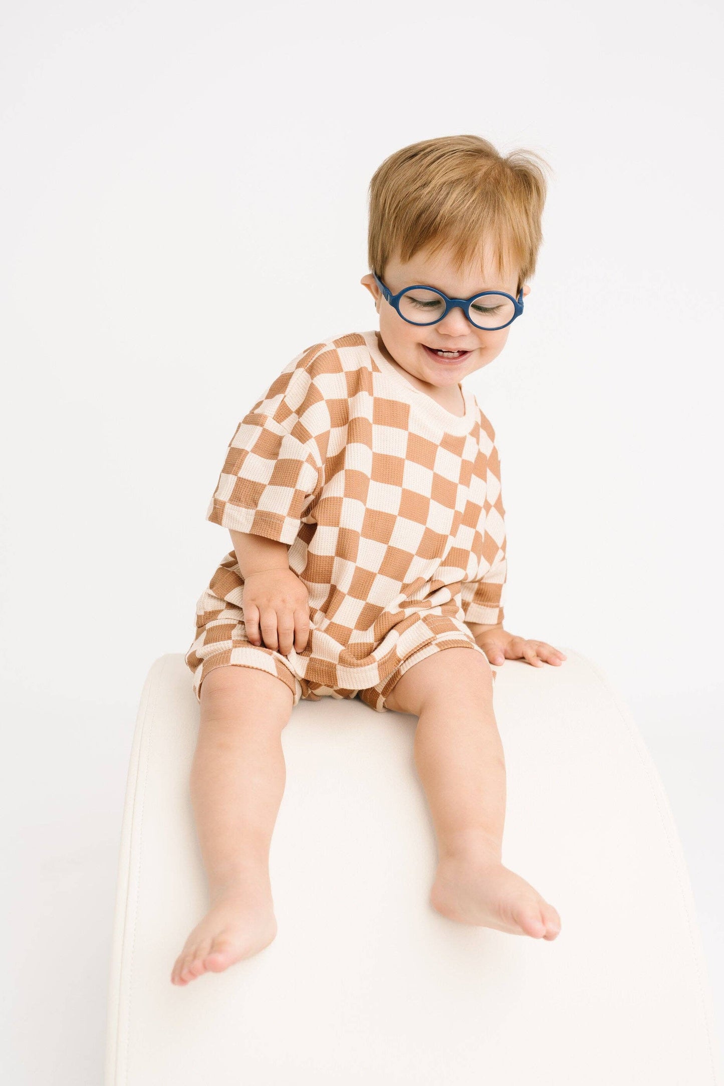 Beige Checkered Waffle Bamboo Shorts Set