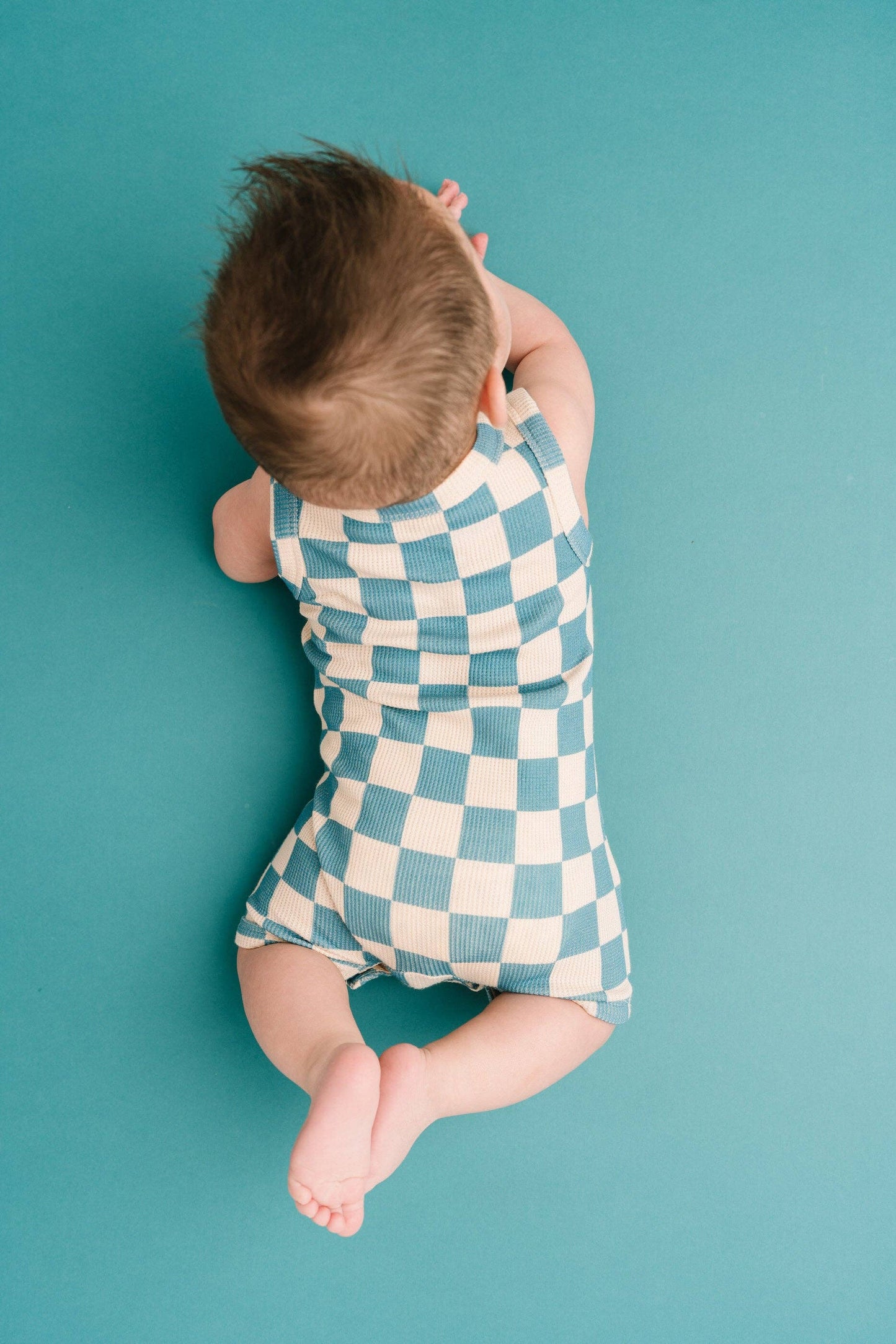 Blue Checkered Waffle Bamboo Tank Romper