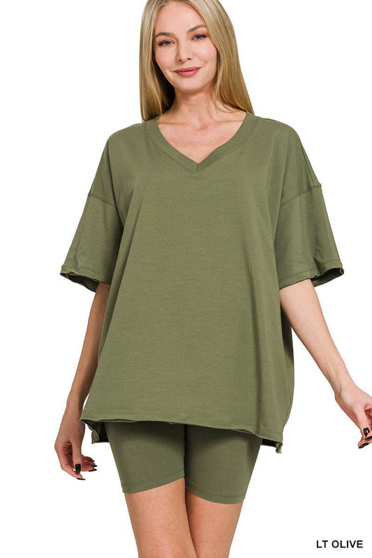 Cotton V-neck Top and Biker Shorts Set