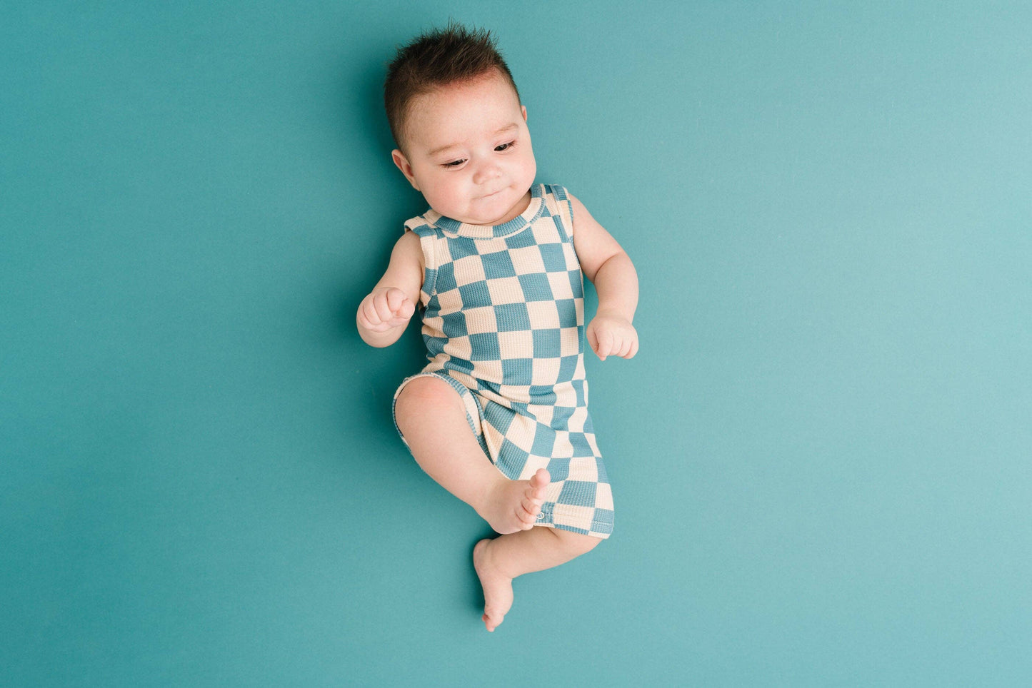 Blue Checkered Waffle Bamboo Tank Romper